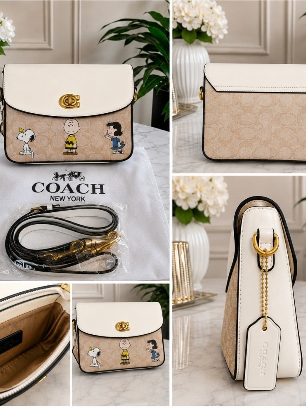 Beige & White Peanuts Crossbody Bag
